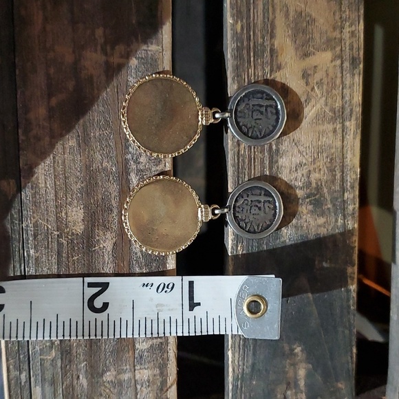 COIN DROP EARRINGS CLIP ON TWO TONE MIXED METAL - Picture 2 of 7